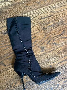 Vicini Giuseppe Zanotti Black Knee-High Stiletto Boots with Silver Stud Detail